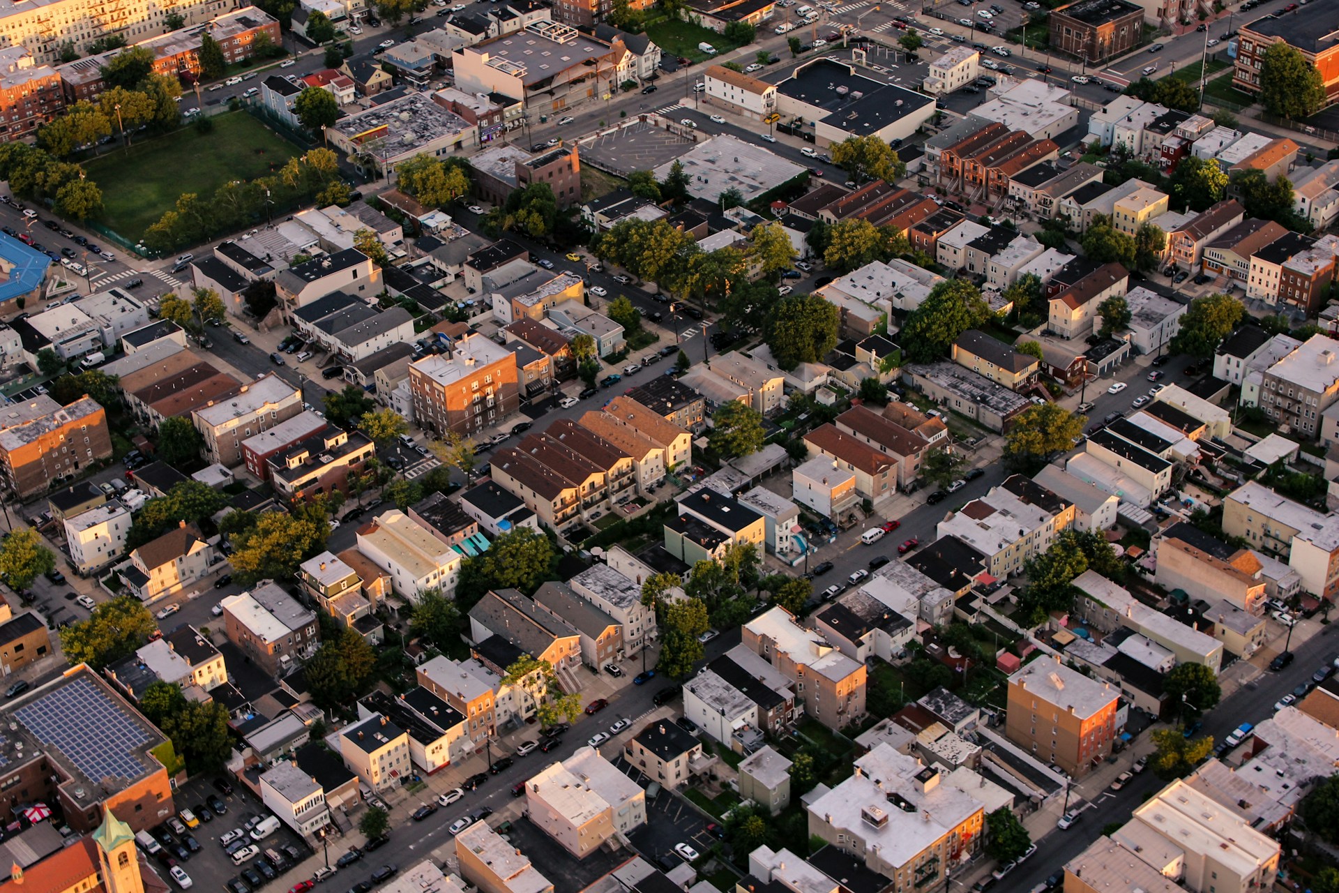 Aerial view of a neighborhood at sunset